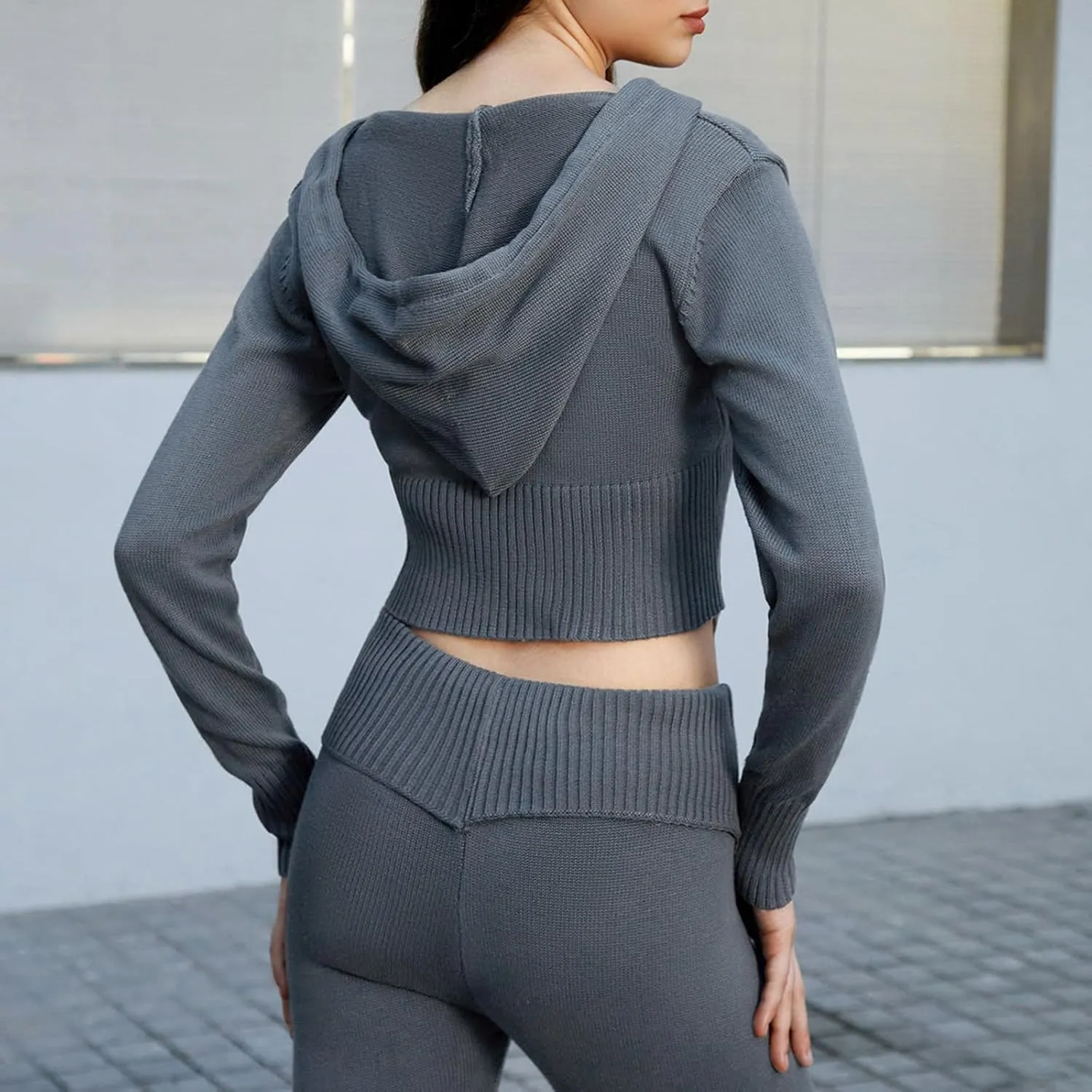 FOMOYUU Women Ribbed Knit 2 Piece Outfits Long Sleeve Zip Up Crop Jacket   High Waist Flare Skinny Pants Loungewear Sets