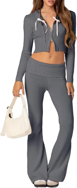 FOMOYUU Women Ribbed Knit 2 Piece Outfits Long Sleeve Zip Up Crop Jacket   High Waist Flare Skinny Pants Loungewear Sets