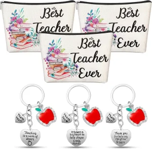 Frienda 6 Pcs Teacher Appreciation Gift for Women Bulk 2025 Graduation Gift 3 Pcs Zipper Teacher Cosmetic Bag Canvas Makeup Pouch 3 Pcs Thank You Gift Keychains for Birthday Gift(Book Style)