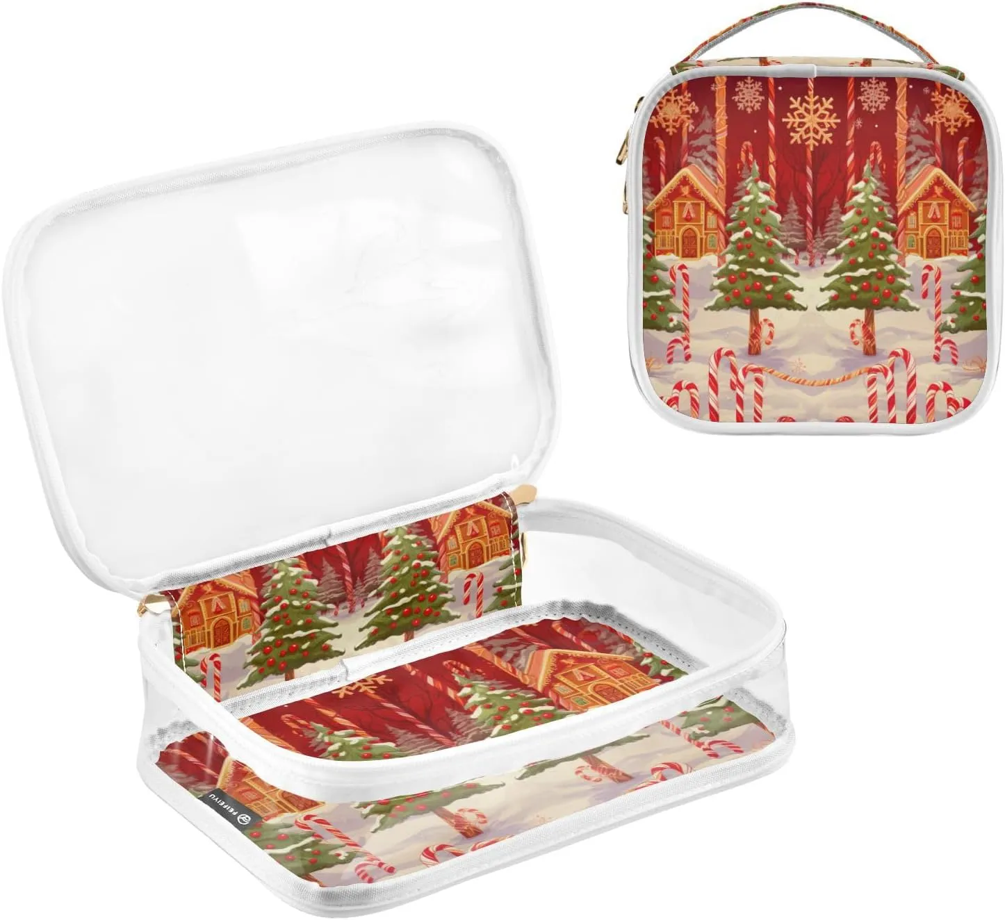 GAIGEO Christmas Candy Cane and Snowflake Portable Cosmetic Bag with Handle, Clear Plastic Toiletry Bags for Traveling, Cosmetic Bags for Women, 2 Pack