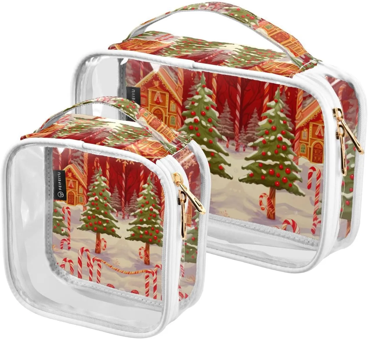 GAIGEO Christmas Candy Cane and Snowflake Portable Cosmetic Bag with Handle, Clear Plastic Toiletry Bags for Traveling, Cosmetic Bags for Women, 2 Pack