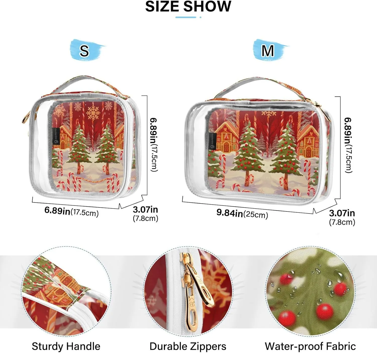 GAIGEO Christmas Candy Cane and Snowflake Portable Cosmetic Bag with Handle, Clear Plastic Toiletry Bags for Traveling, Cosmetic Bags for Women, 2 Pack
