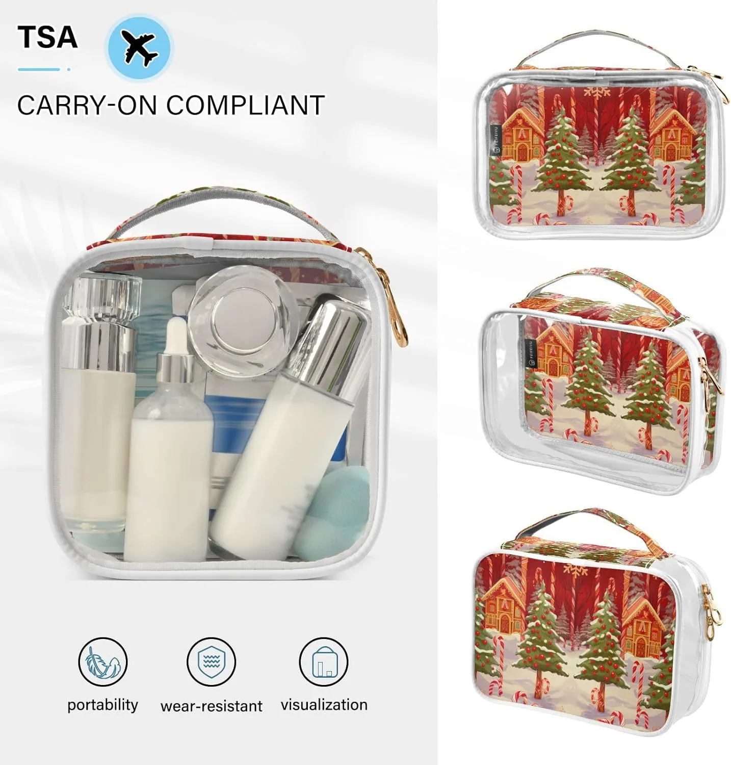GAIGEO Christmas Candy Cane and Snowflake Portable Cosmetic Bag with Handle, Clear Plastic Toiletry Bags for Traveling, Cosmetic Bags for Women, 2 Pack