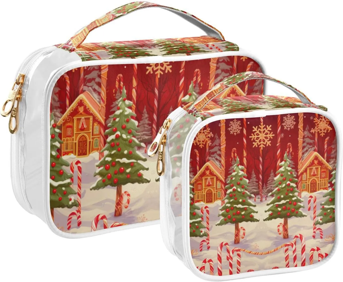 GAIGEO Christmas Candy Cane and Snowflake Portable Cosmetic Bag with Handle, Clear Plastic Toiletry Bags for Traveling, Cosmetic Bags for Women, 2 Pack