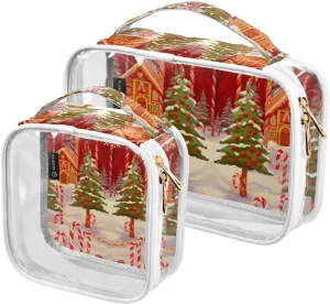 GAIGEO Christmas Candy Cane and Snowflake Portable Cosmetic Bag with Handle, Clear Plastic Toiletry Bags for Traveling, Cosmetic Bags for Women, 2 Pack
