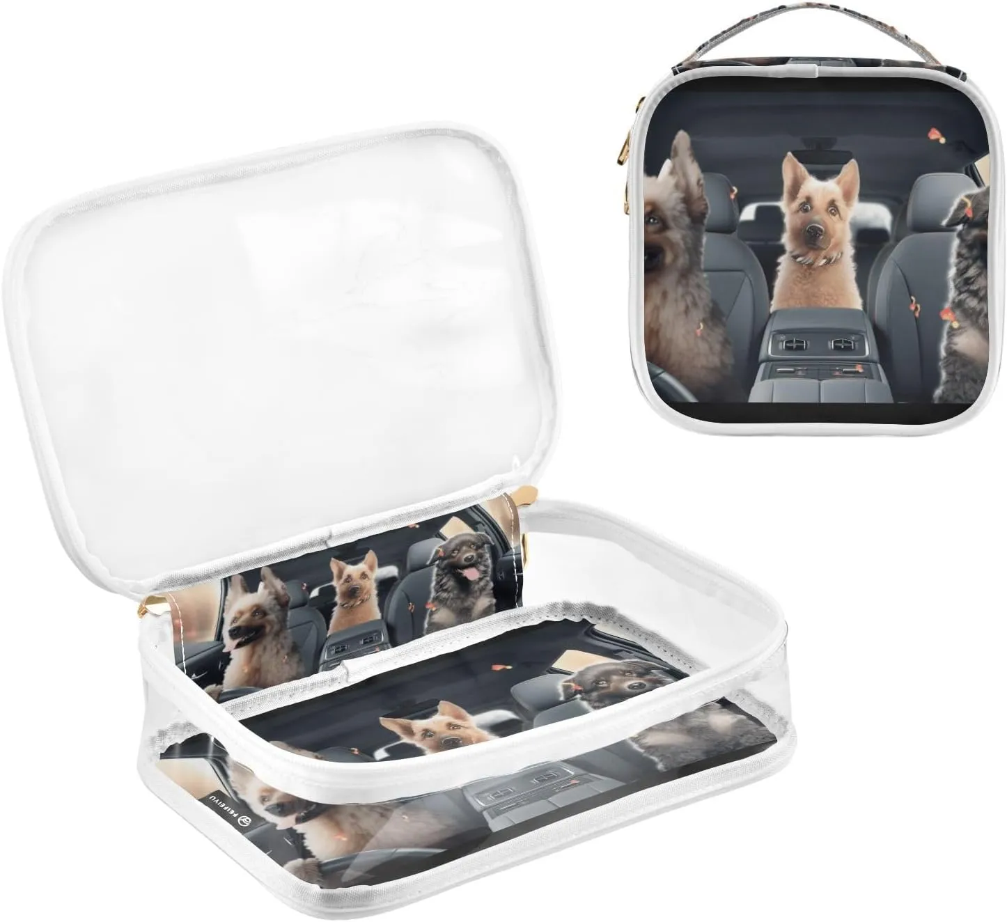 GAIGEO Three Dogs in Car Seat Clear Zippered Bag with Handles, Clear Bag for Travel, Cosmetic Travel Bags for Women, 2 Pack