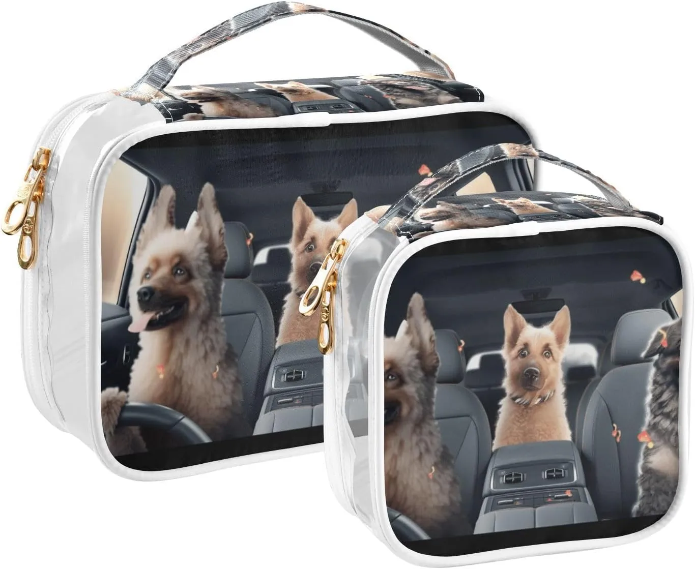 GAIGEO Three Dogs in Car Seat Clear Zippered Bag with Handles, Clear Bag for Travel, Cosmetic Travel Bags for Women, 2 Pack