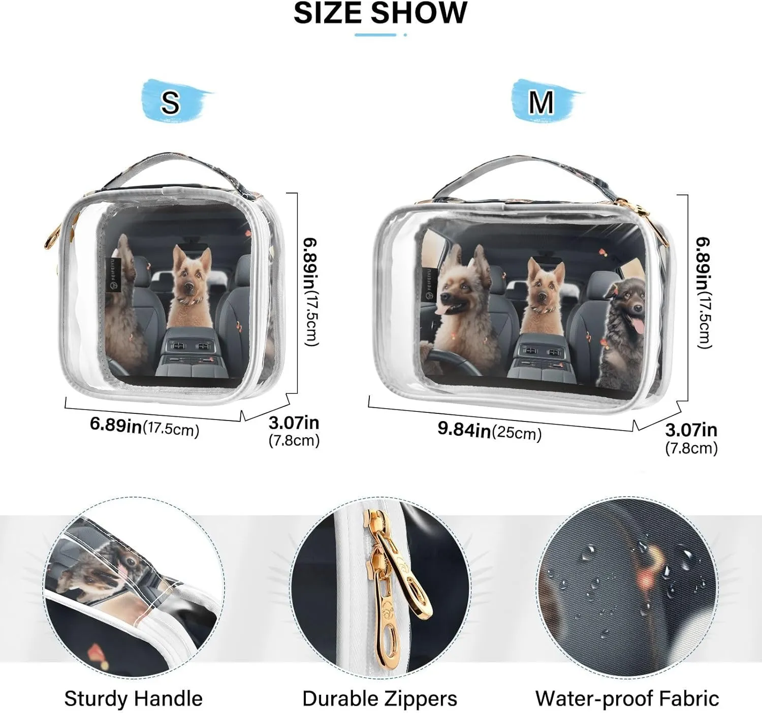 GAIGEO Three Dogs in Car Seat Clear Zippered Bag with Handles, Clear Bag for Travel, Cosmetic Travel Bags for Women, 2 Pack