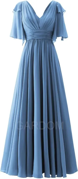 GARDOM Ruffle Sleeves Bridesmaid Dress for Wedding V Neck Chiffon Long Maxi Formal Dresses Wedding Evening Party Gowns