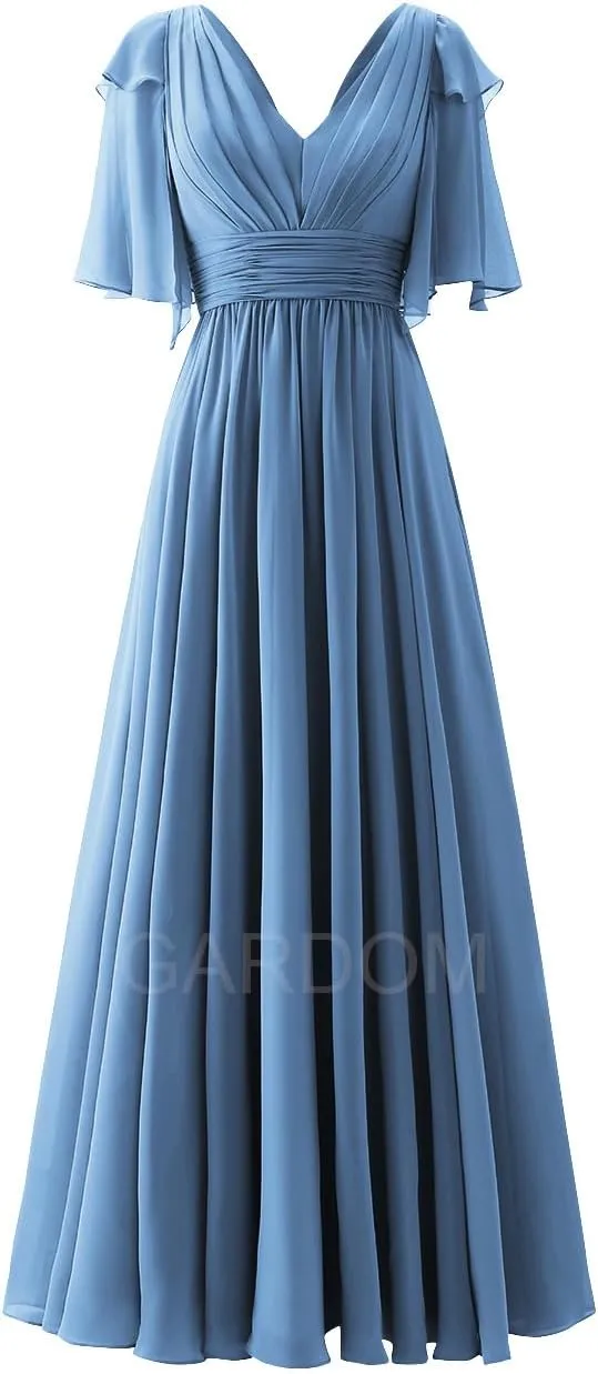 GARDOM Ruffle Sleeves Bridesmaid Dress for Wedding V Neck Chiffon Long Maxi Formal Dresses Wedding Evening Party Gowns