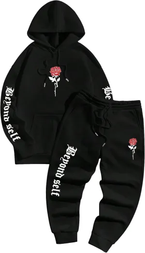GORGLITTER Men's 2 Piece Sweatsuits Floral Letter Graphic Hoodie Sweatshirt Sweatpants Set Tracksuit
