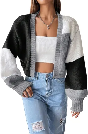GORGLITTER Women's Colorful Open Front Cardigan Sweater Color Block Long Sleeve Drop Shoulder Cropped Knit Cardigan