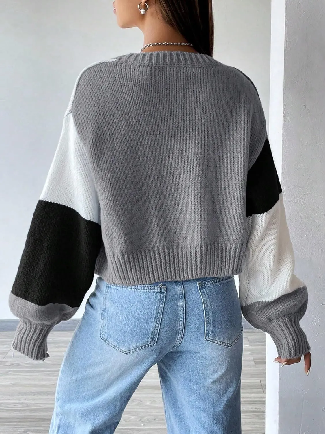 GORGLITTER Women's Colorful Open Front Cardigan Sweater Color Block Long Sleeve Drop Shoulder Cropped Knit Cardigan
