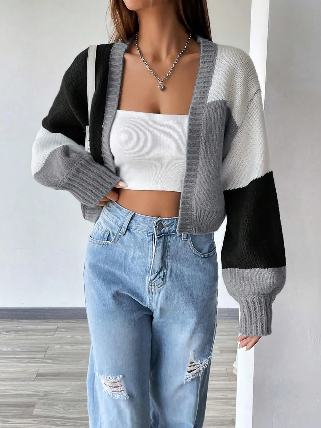 GORGLITTER Women's Colorful Open Front Cardigan Sweater Color Block Long Sleeve Drop Shoulder Cropped Knit Cardigan