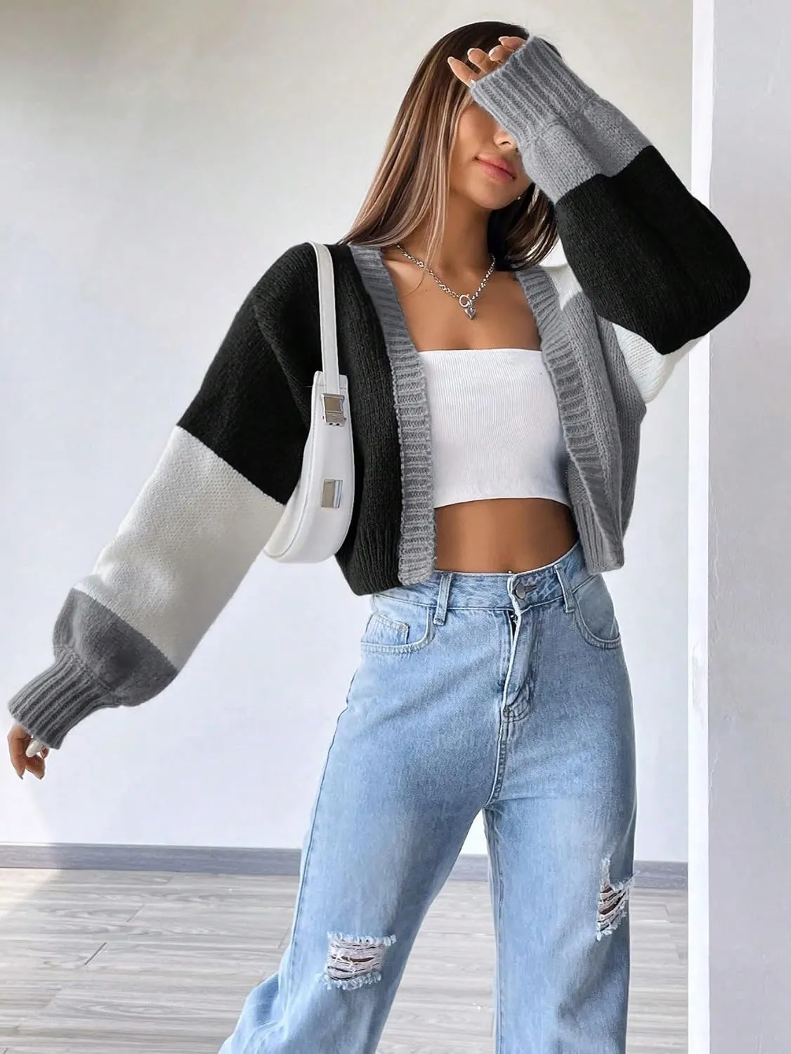GORGLITTER Women's Colorful Open Front Cardigan Sweater Color Block Long Sleeve Drop Shoulder Cropped Knit Cardigan