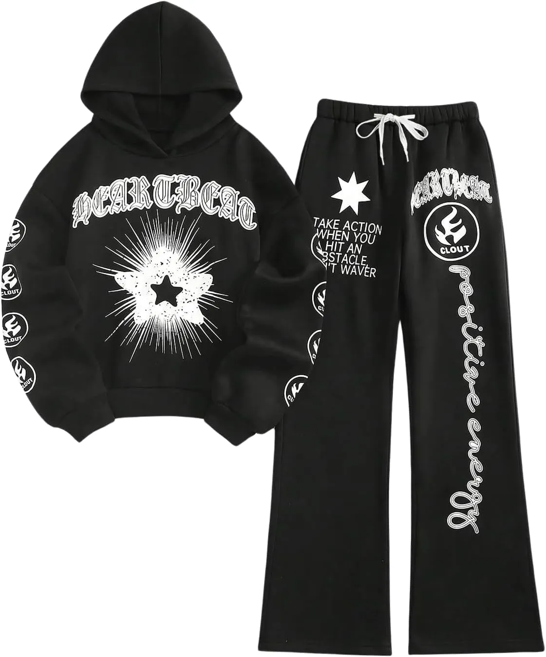 GORGLITTER Women's Letter Star Graphic Sweatsuit 2 Piece Long Sleeve Hoodie Drawstring Waist Sweatpants Set