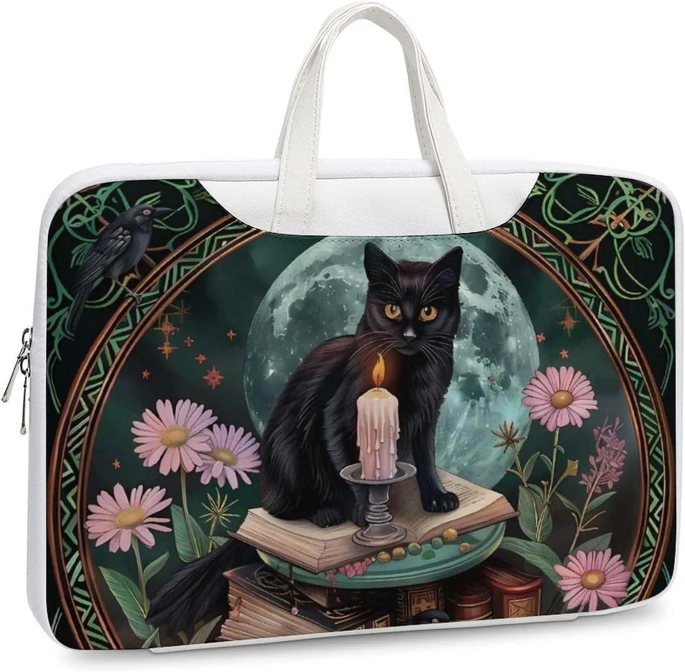 Gothic Cat Crow Daisy Floral Laptop Tote Bag Waterproof Computer Carrying Case Business Office Briefcase