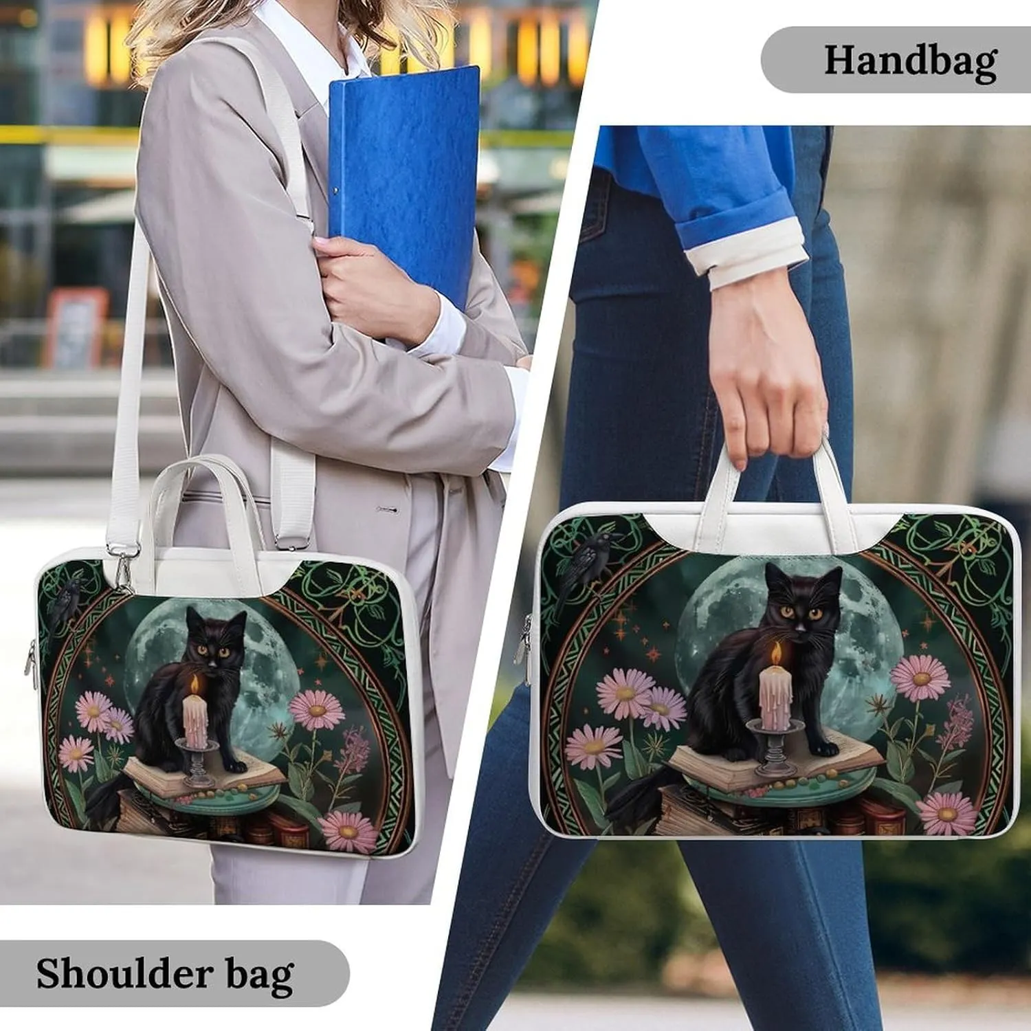 Gothic Cat Crow Daisy Floral Laptop Tote Bag Waterproof Computer Carrying Case Business Office Briefcase