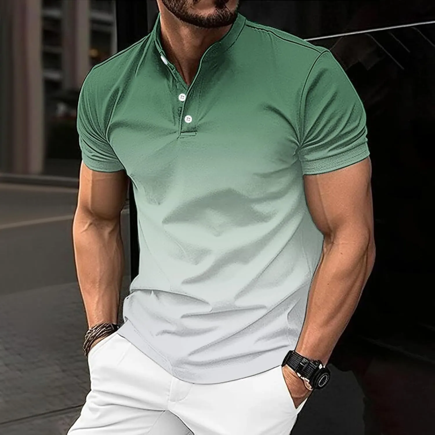 Gradient Color Business Henley Shirts for Men Slim Fit Short Sleeve Stretch Tee Tops Button Down Summer Blouse