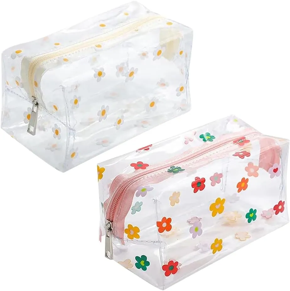 GSHLLO 2 Pcs Clear Flower Makeup Pouches Floral Zippered Cosmetic Bags Plastic Shampoo Storage Bags Cases Portable Toiletry Pouch Waterproof Travel Shower Organizer Holder