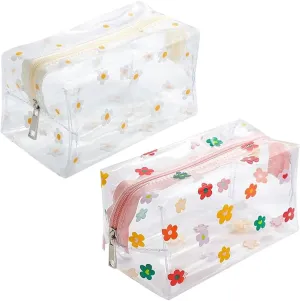 GSHLLO 2 Pcs Clear Flower Makeup Pouches Floral Zippered Cosmetic Bags Plastic Shampoo Storage Bags Cases Portable Toiletry Pouch Waterproof Travel Shower Organizer Holder