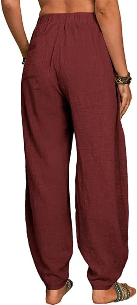 Guteidee Womens Cotton Blend Harem Beach Lightweight Tapered Baggy Pants Summer