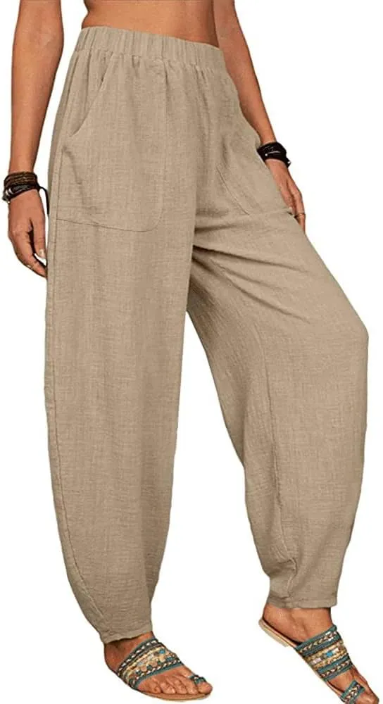 Guteidee Womens Cotton Blend Harem Beach Lightweight Tapered Baggy Pants Summer