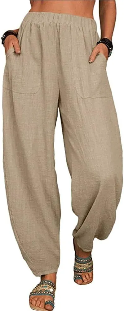 Guteidee Womens Cotton Blend Harem Beach Lightweight Tapered Baggy Pants Summer