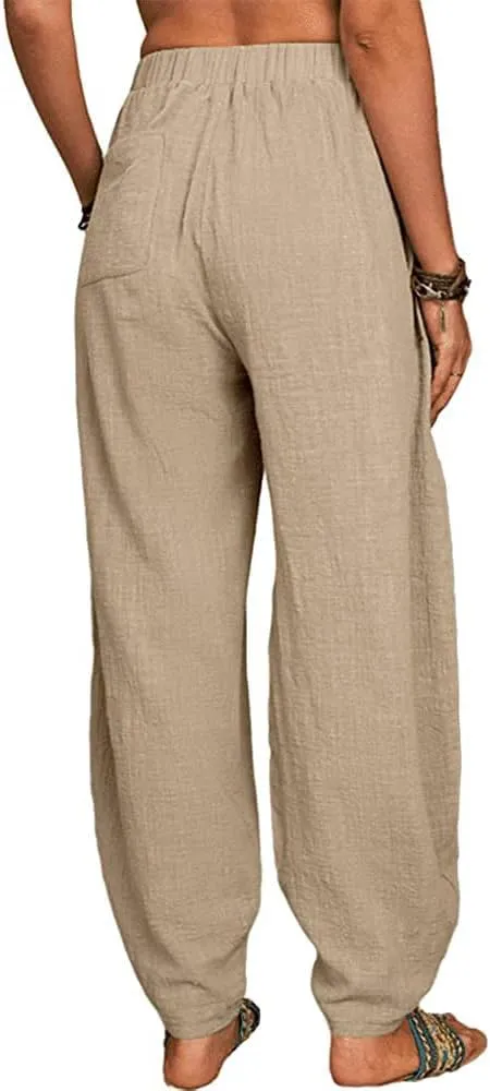 Guteidee Womens Cotton Blend Harem Beach Lightweight Tapered Baggy Pants Summer