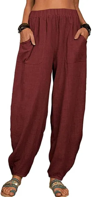 Guteidee Womens Cotton Blend Harem Beach Lightweight Tapered Baggy Pants Summer