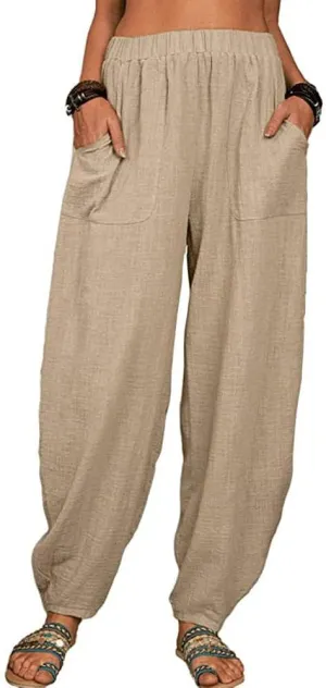 Guteidee Womens Cotton Blend Harem Beach Lightweight Tapered Baggy Pants Summer