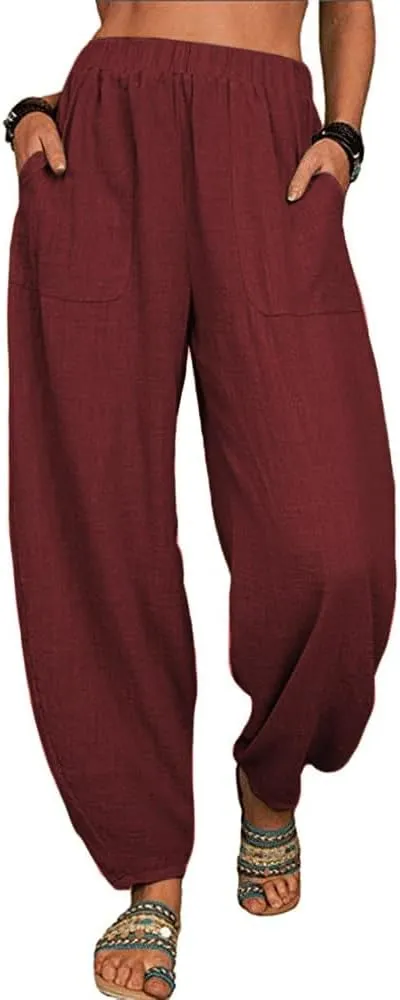 Guteidee Womens Cotton Blend Harem Beach Lightweight Tapered Baggy Pants Summer