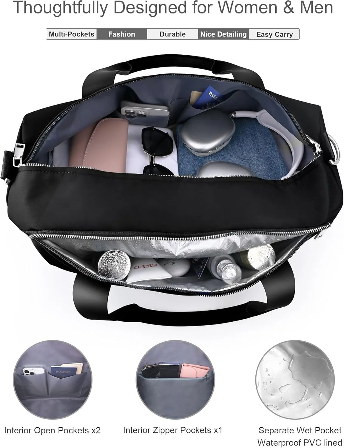 Gym Bag for Men and Women with Shoe Compartment & Wet Pocket - Duffle Bag for Travel Sports Fitness Workout Athletic, 19-Medium, Black