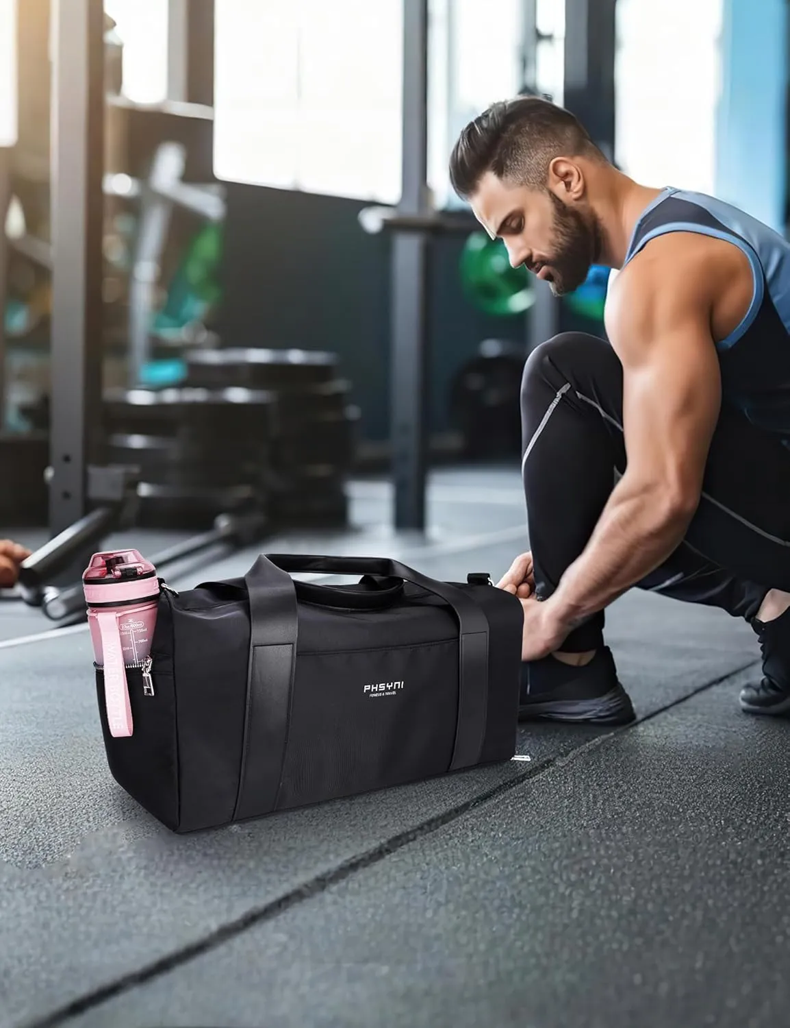 Gym Bag for Men and Women with Shoe Compartment & Wet Pocket - Duffle Bag for Travel Sports Fitness Workout Athletic, 19-Medium, Black