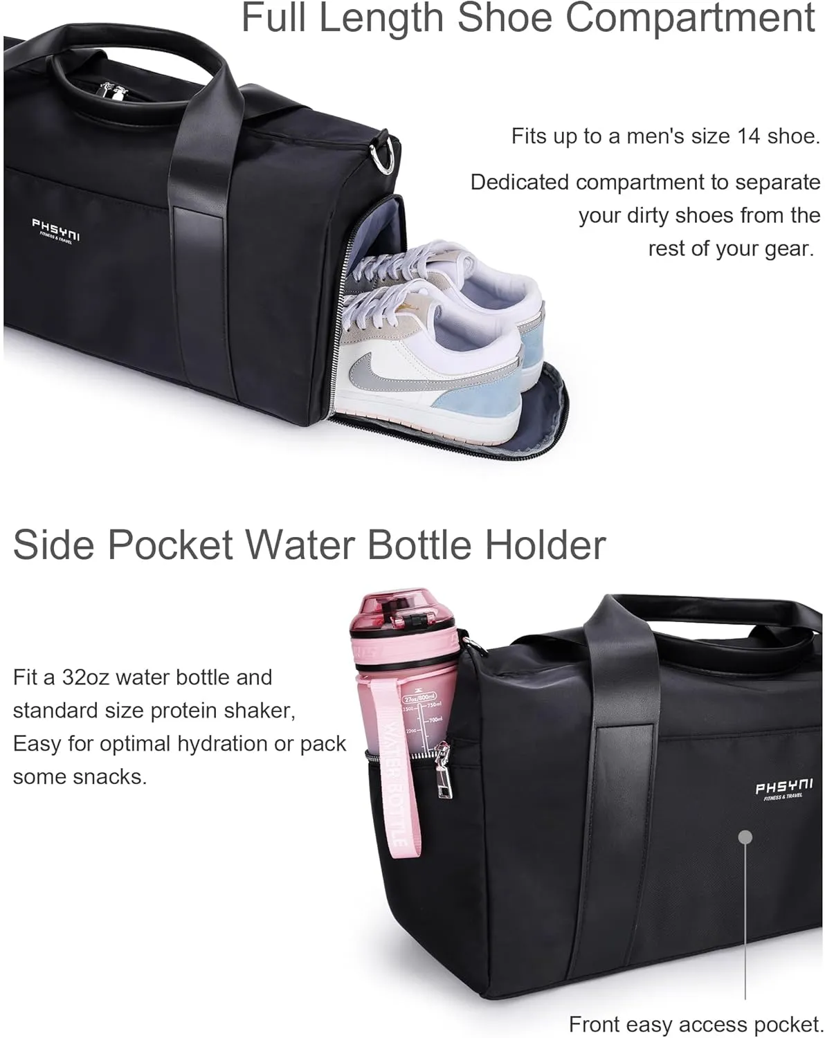 Gym Bag for Men and Women with Shoe Compartment & Wet Pocket - Duffle Bag for Travel Sports Fitness Workout Athletic, 19-Medium, Black