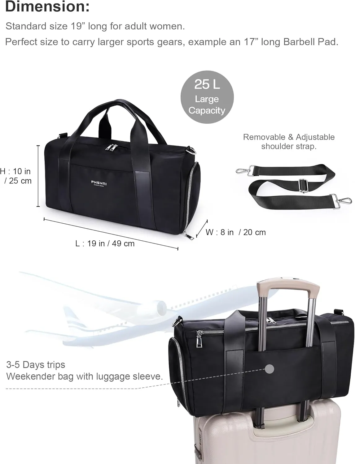 Gym Bag for Men and Women with Shoe Compartment & Wet Pocket - Duffle Bag for Travel Sports Fitness Workout Athletic, 19-Medium, Black