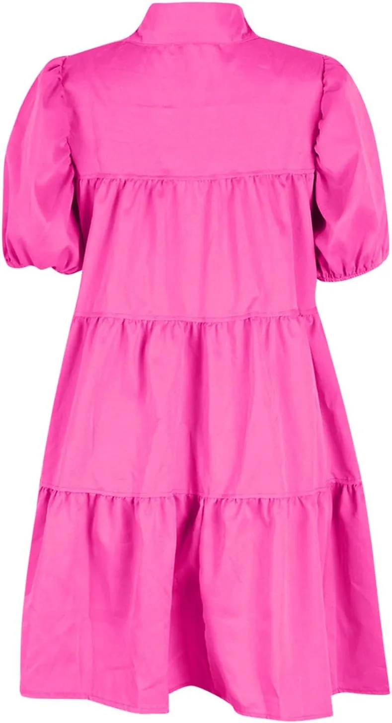HGps8w Women's Cute Babydoll Dresses Casual Loose Puff Sleeve Ruffle Hem Button Down Tiered Pleated A-Line Shirt Mini Dress