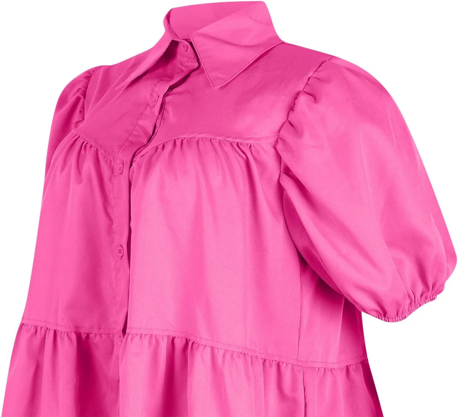 HGps8w Women's Cute Babydoll Dresses Casual Loose Puff Sleeve Ruffle Hem Button Down Tiered Pleated A-Line Shirt Mini Dress