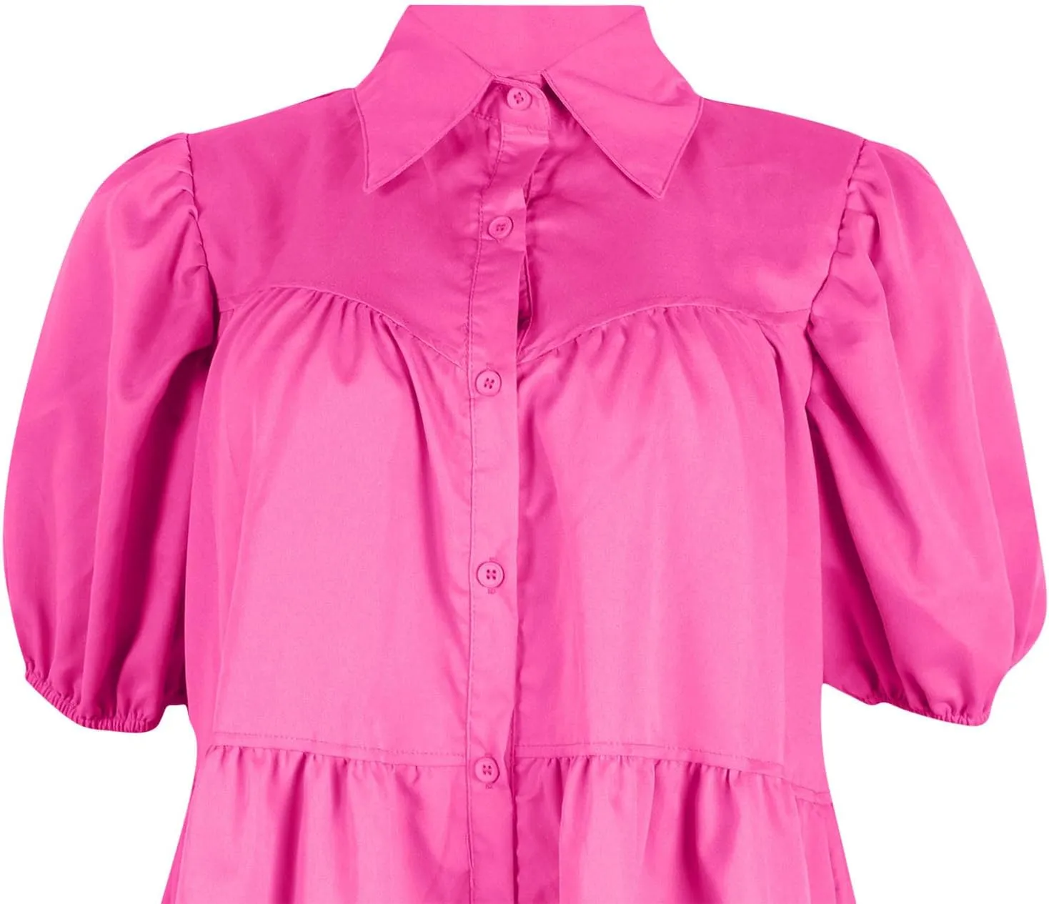 HGps8w Women's Cute Babydoll Dresses Casual Loose Puff Sleeve Ruffle Hem Button Down Tiered Pleated A-Line Shirt Mini Dress
