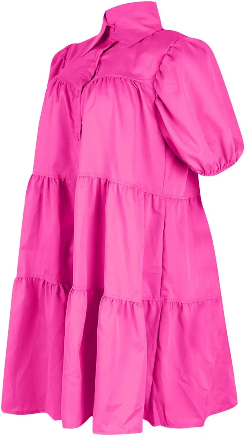HGps8w Women's Cute Babydoll Dresses Casual Loose Puff Sleeve Ruffle Hem Button Down Tiered Pleated A-Line Shirt Mini Dress