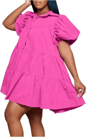 HGps8w Women's Cute Babydoll Dresses Casual Loose Puff Sleeve Ruffle Hem Button Down Tiered Pleated A-Line Shirt Mini Dress