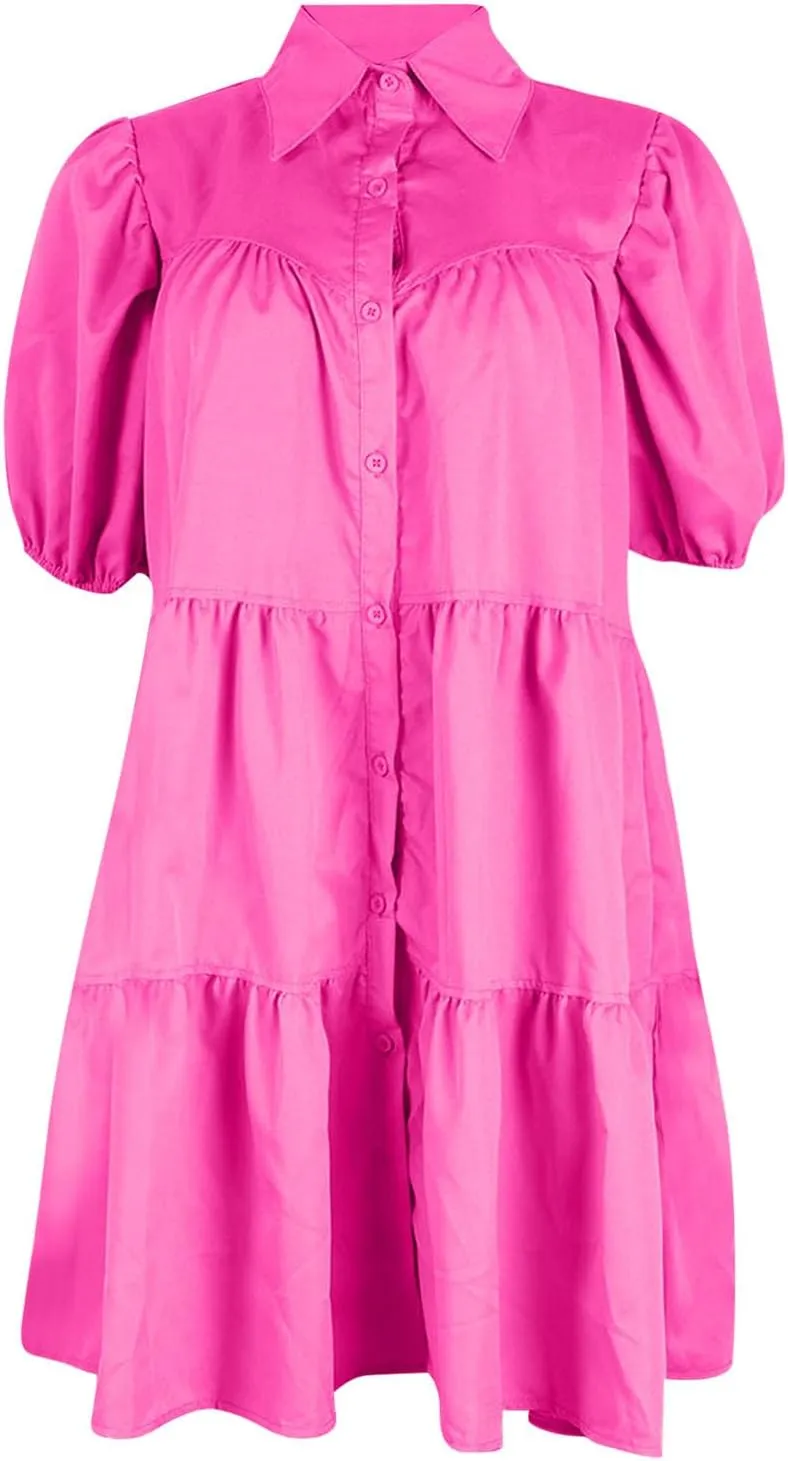 HGps8w Women's Cute Babydoll Dresses Casual Loose Puff Sleeve Ruffle Hem Button Down Tiered Pleated A-Line Shirt Mini Dress