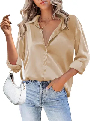 HOTOUCH Women Satin Silk Button Down Shirt Ladies Long Sleeve Tops V Neck Loose Blouse Dressy Business Casual Work Tunic Fall