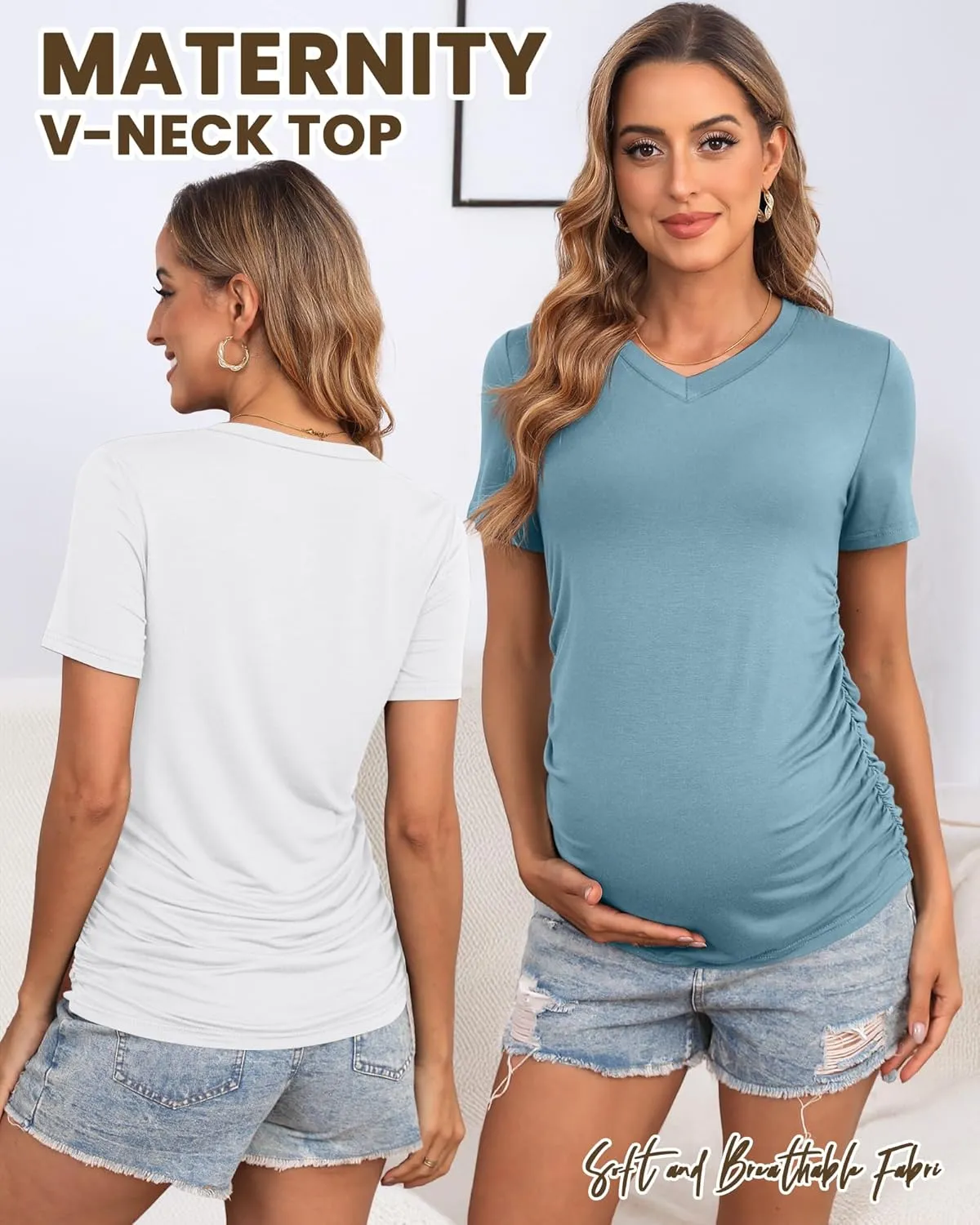Huukeay 4 Pack Women's Maternity Shirts, V Neck Maternity Top Short Sleeve Casual Cotton Tee Side Ruched Pregnancy Clothes