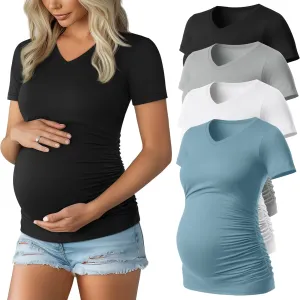 Huukeay 4 Pack Women's Maternity Shirts, V Neck Maternity Top Short Sleeve Casual Cotton Tee Side Ruched Pregnancy Clothes