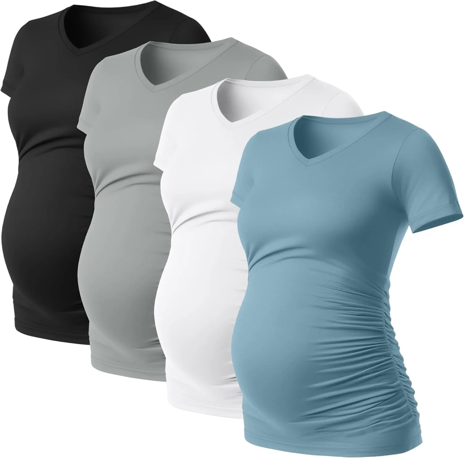 Huukeay 4 Pack Women's Maternity Shirts, V Neck Maternity Top Short Sleeve Casual Cotton Tee Side Ruched Pregnancy Clothes