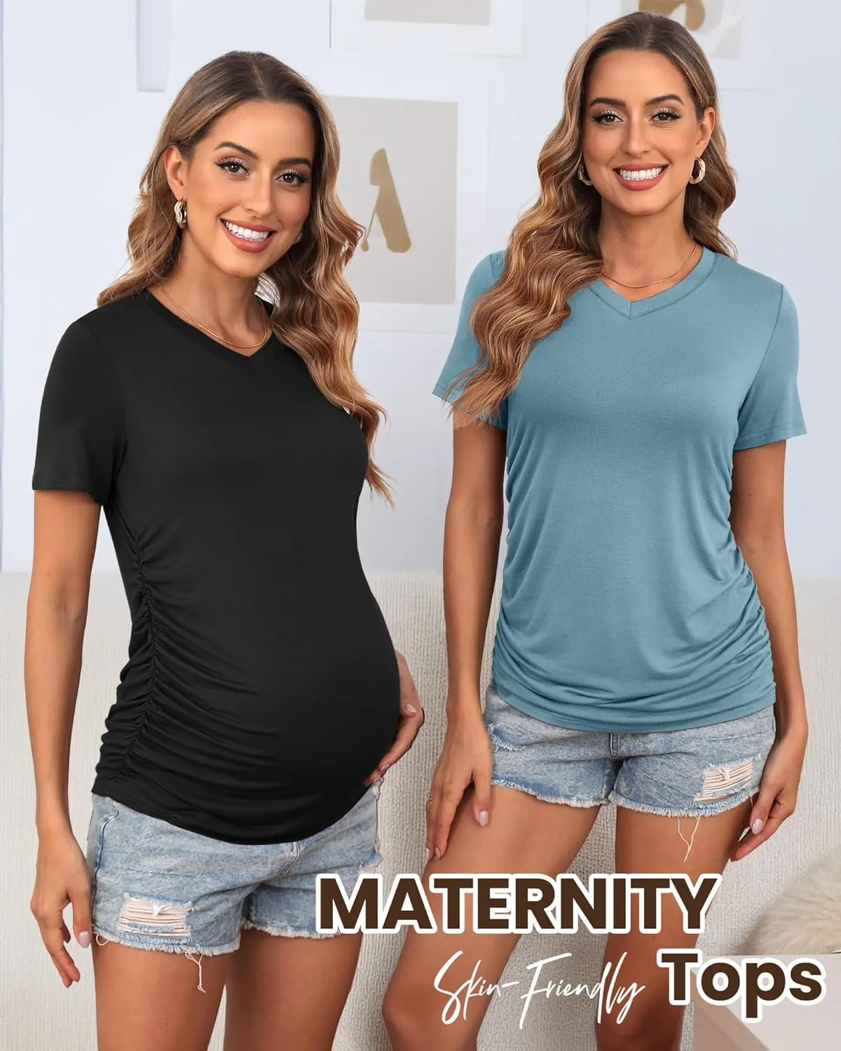 Huukeay 4 Pack Women's Maternity Shirts, V Neck Maternity Top Short Sleeve Casual Cotton Tee Side Ruched Pregnancy Clothes