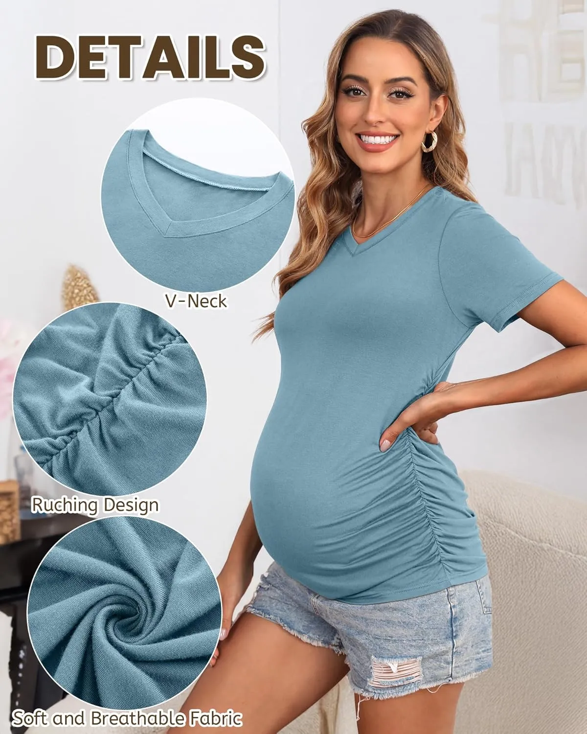 Huukeay 4 Pack Women's Maternity Shirts, V Neck Maternity Top Short Sleeve Casual Cotton Tee Side Ruched Pregnancy Clothes