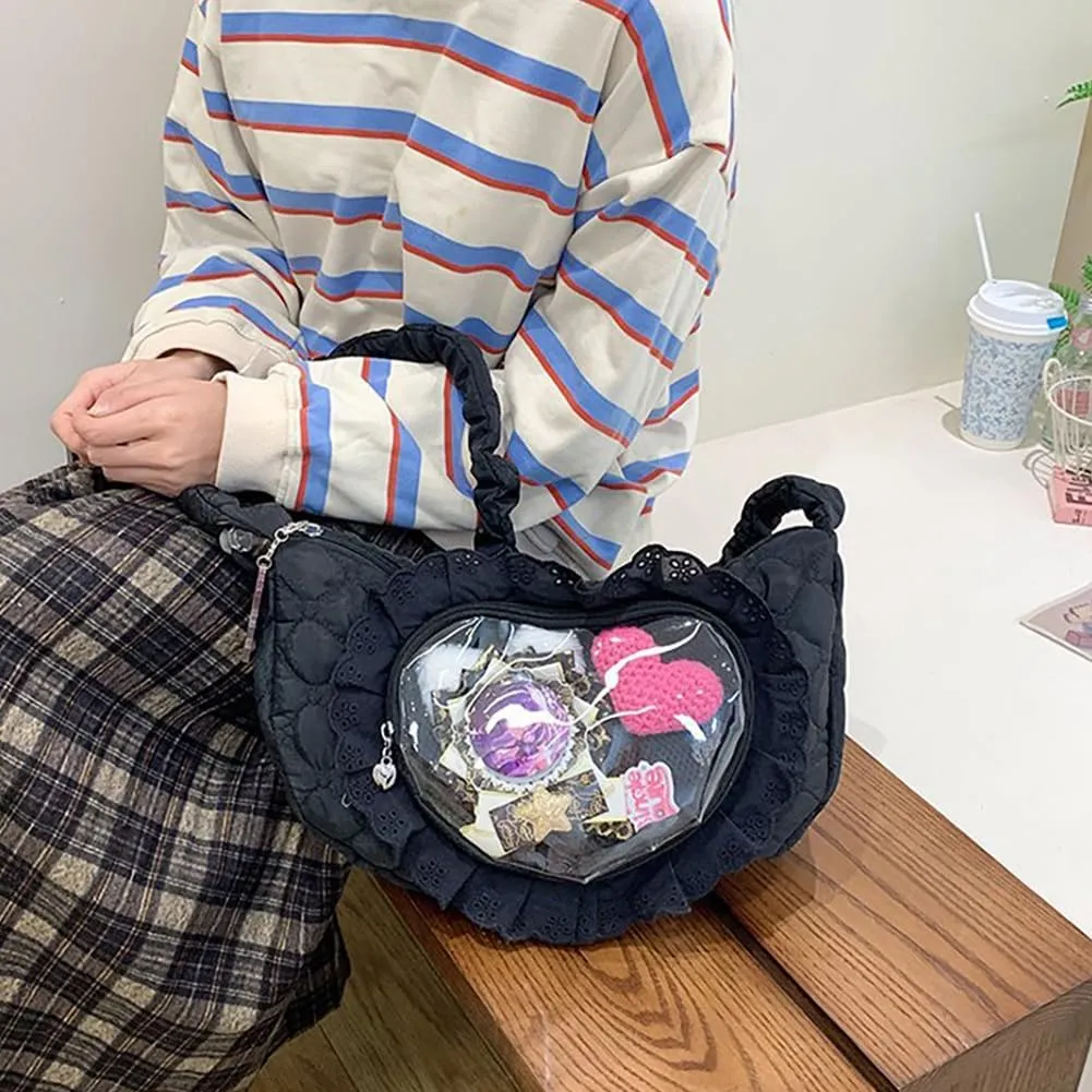 Ita Bag Dumpling Shaped Love Lace Shoulder Bag, Japanese Cute Quilted Satchel Drawstring Crossbody Purse, Clear Window Tote