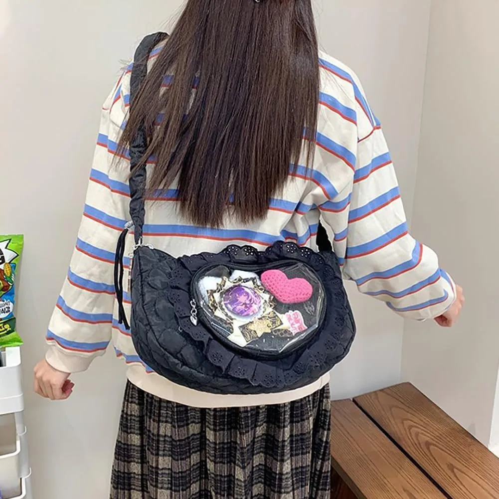 Ita Bag Dumpling Shaped Love Lace Shoulder Bag, Japanese Cute Quilted Satchel Drawstring Crossbody Purse, Clear Window Tote